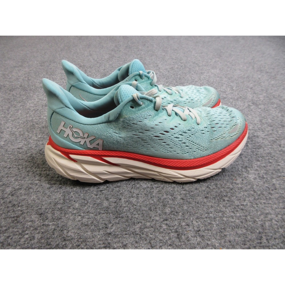 Hoka One One Clifton 8 Shoes Womens Size 7.5 Blue Red Cushioned Running Sneakers